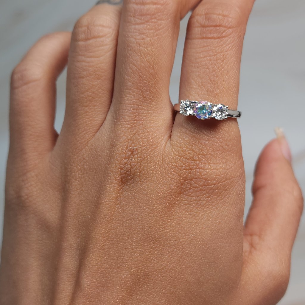 Natural Mercury Mystic Topaz & Lab Grown Diamond Round Ring .925 Sterling Silver